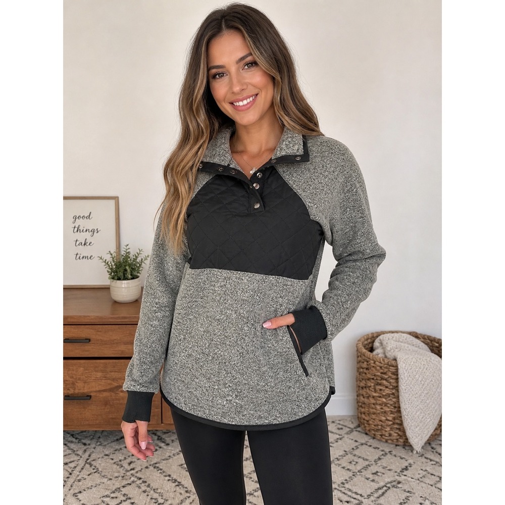 Abercrombie & Fitch Womens Asymmetrical Quilted Fleece Pullover Grey Sz M Y2K